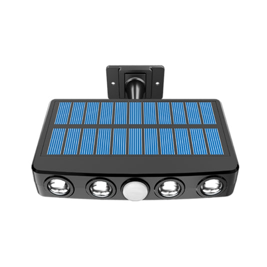 Solar wall light front view with blue panel, five LED lenses, and central round sensor