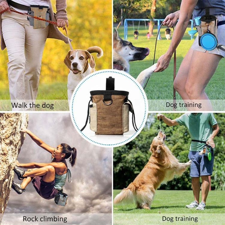 Brown fabric waist dog training bag with side pockets and adjustable belt strap