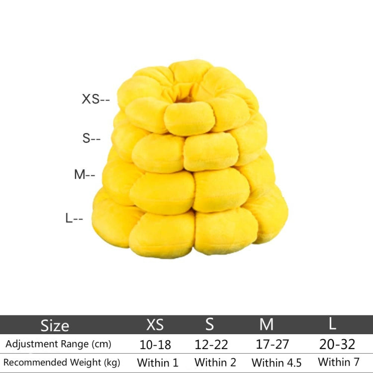 Yellow plush cat anti-bite ring cover with size labels XS, S, M, L shown