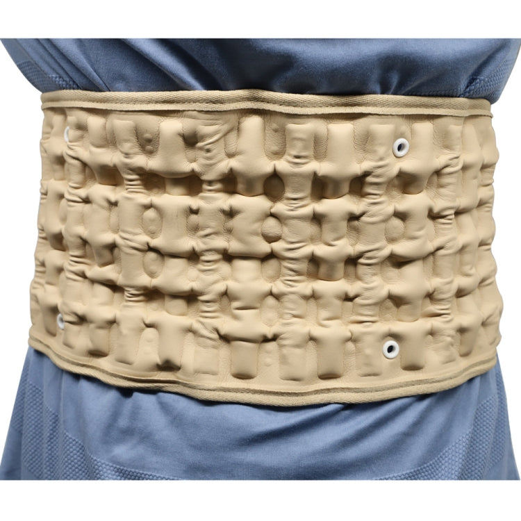 Khaki inflatable lumbar belt worn on model with raised air cells and side grommets