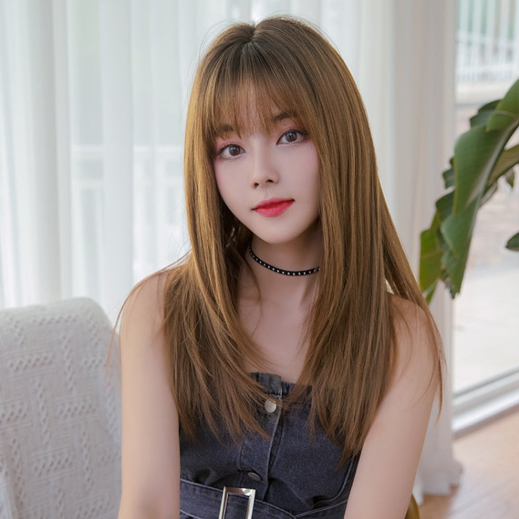 Long straight hair wig with bangs, honey brown straight hair, angled front view