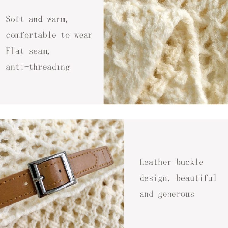 Cream crochet-like knit shawl texture with brown leather buckle strap