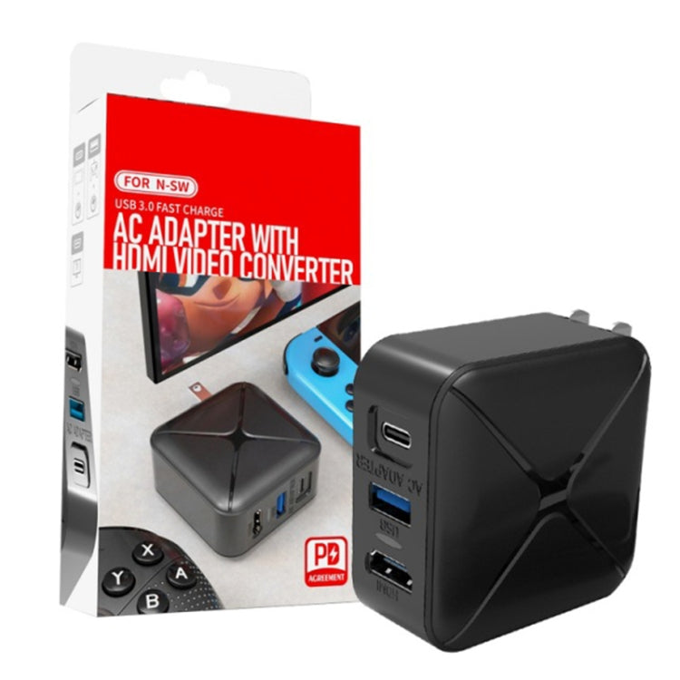 Black AC adapter base with USB-C and USB ports shown with retail packaging