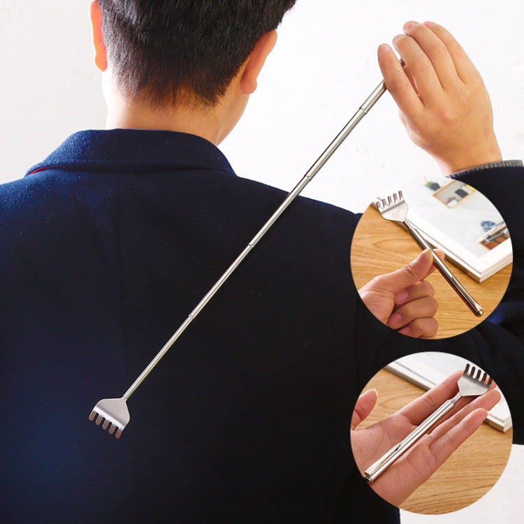 Extendable stainless steel back scratcher reaching behind the neck with claw head