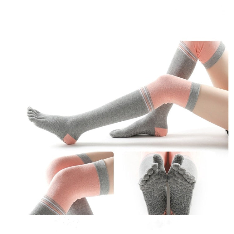 Gray over-the-knee five-toe yoga socks with striped bands and anti-slip pads