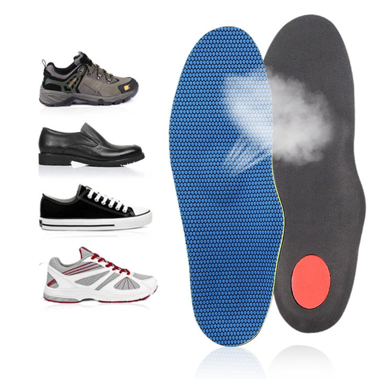 Orthopedic shoe insole pair with blue textured top and dark underside, red oval mark