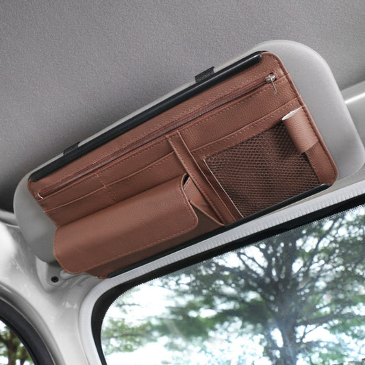 Brown PU car glasses case document holder with zipper and card compartments