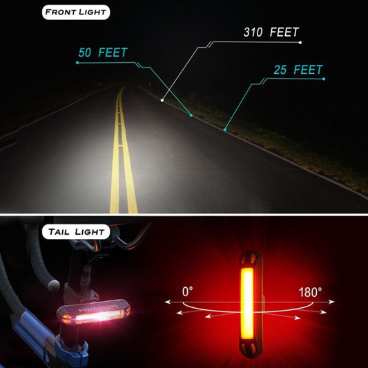 Front and tail bike light beams shown: bright white front and red rear LEDs