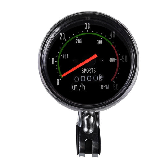 Round mechanical bicycle speedometer with green and red markings, mounted bracket