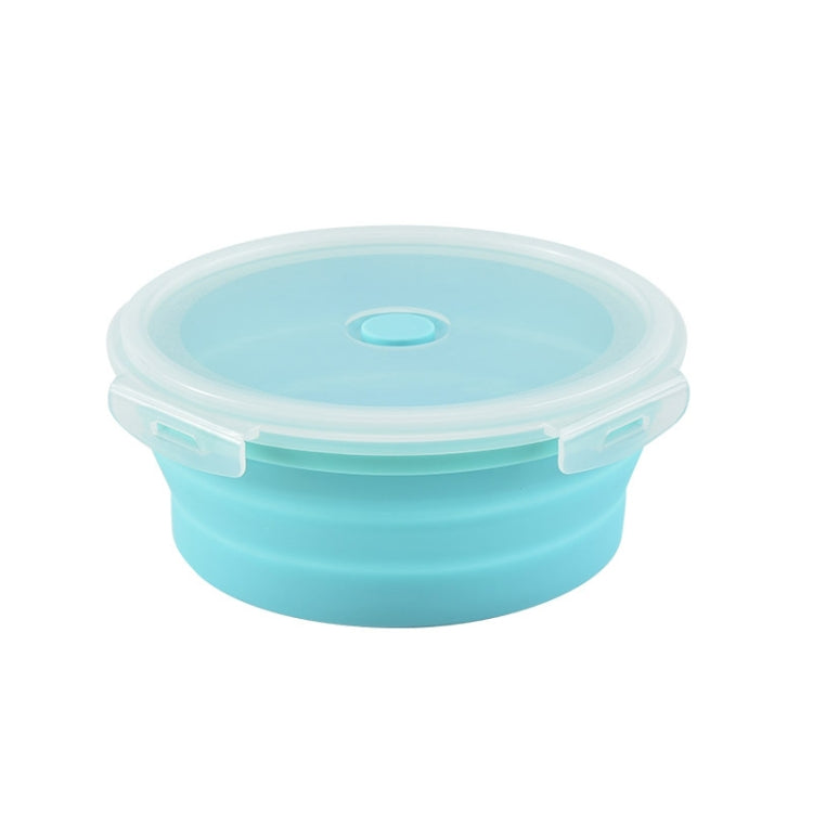 Round blue silicone lunch box with clear top lid and center lid handle