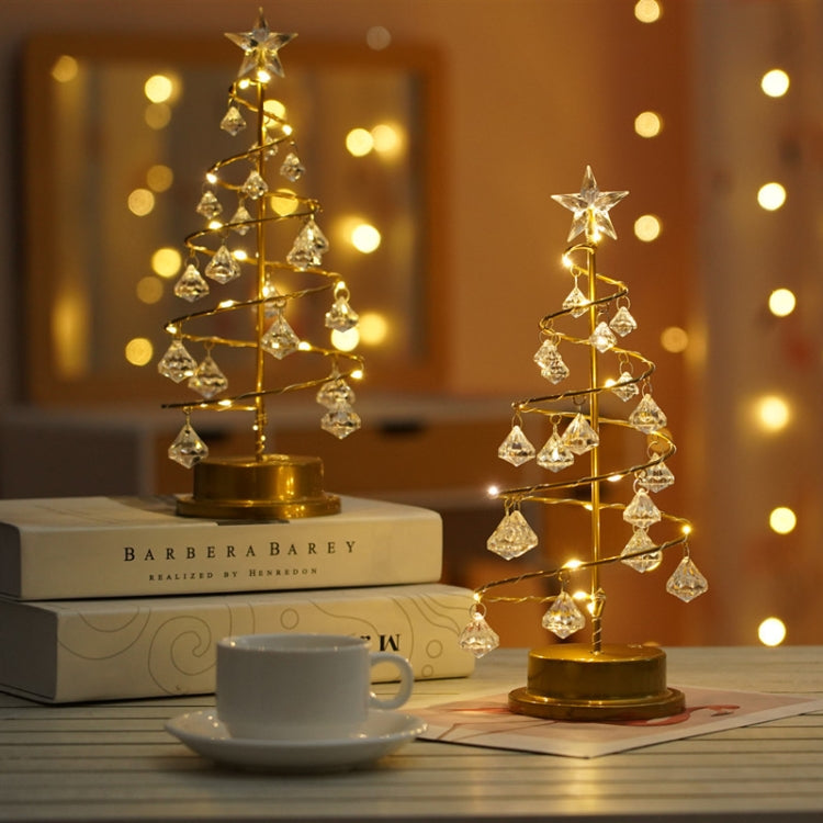 Two LED crystal Christmas tree table night lights with star tops and dangling prism ornaments