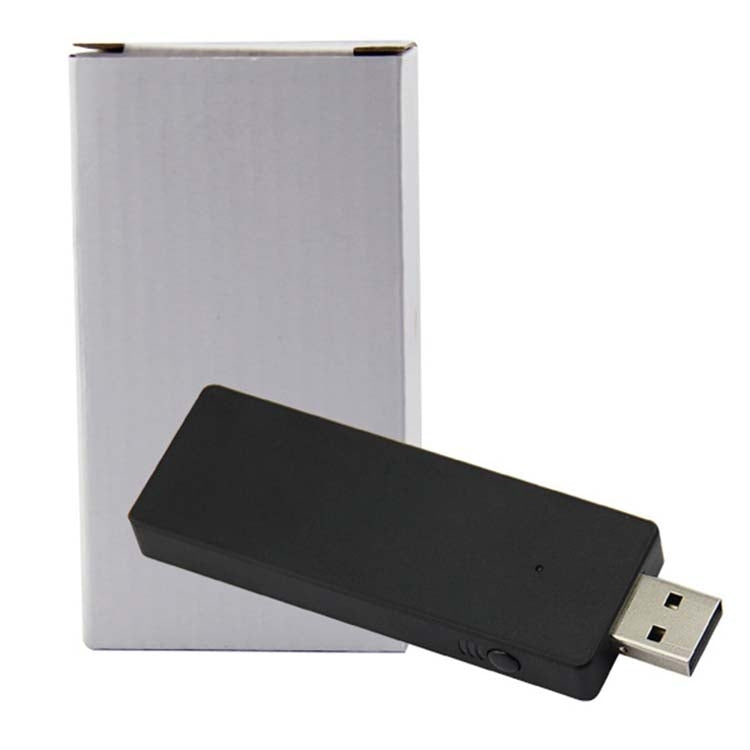 Black wireless 2.4G receiver dongle with USB-A plug and retail box