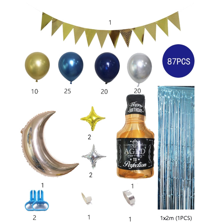 Balloon decoration kit parts chart showing 87 pieces, crescent moon foil, and balloon strip