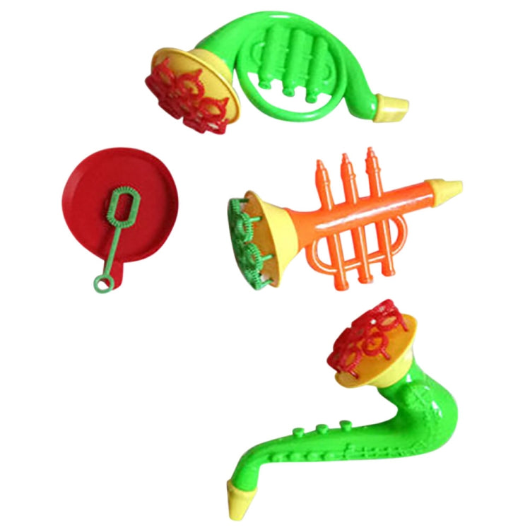 Assorted bubble blower toys: green and orange trumpet horns with red and yellow parts