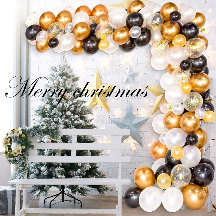Gold, black and white balloon arch decoration with glitter and star accents