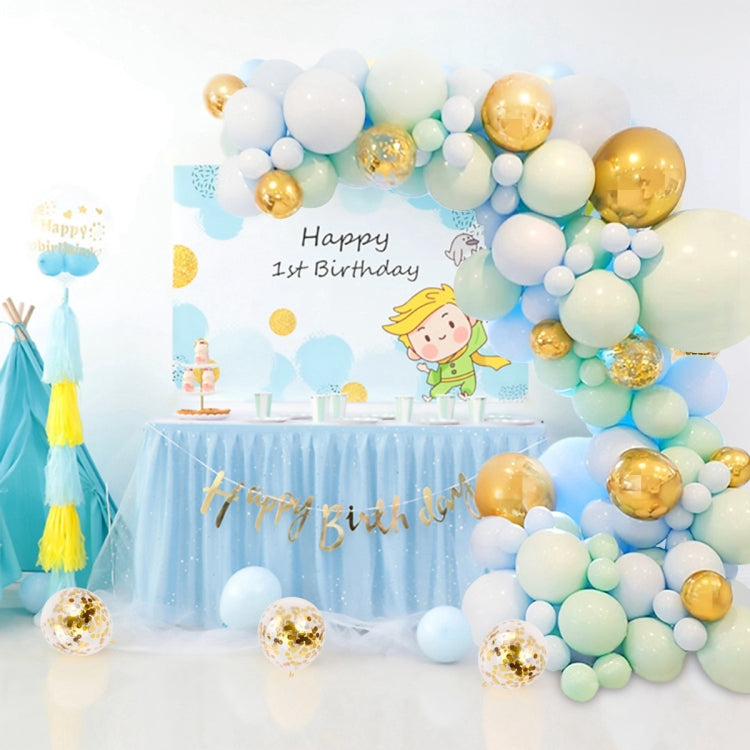 Birthday balloon display with mint, blue, white, and gold round balloons and confetti balls