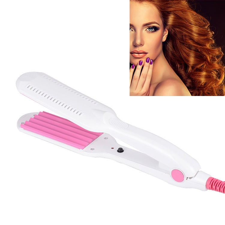 White ceramic corrugated curling iron with pink heating plates and cord