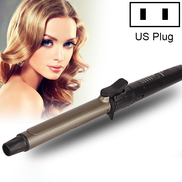Nano titanium hair curler with black controls on handle and light-gray barrel