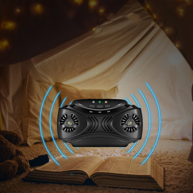 Black portable ultrasonic mosquito repellent device with blue wave lights around it