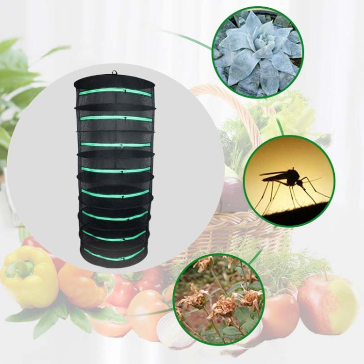 Hanging herbal drying net with black mesh tiers and turquoise bands for plant drying
