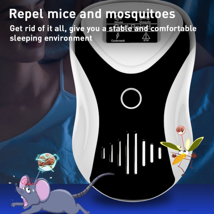 Black and white ultrasonic pest repeller with circular button and top display panel