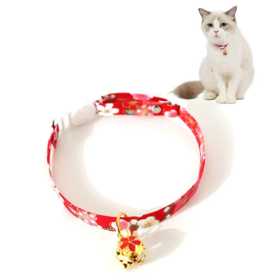 Red floral adjustable pet bell collar with gold flower charm on the front ring