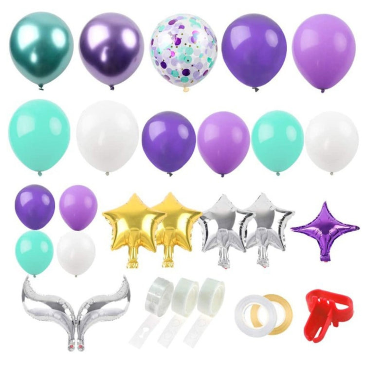 Purple, teal, and white balloon set with confetti balloons, star foil balloons, and strip
