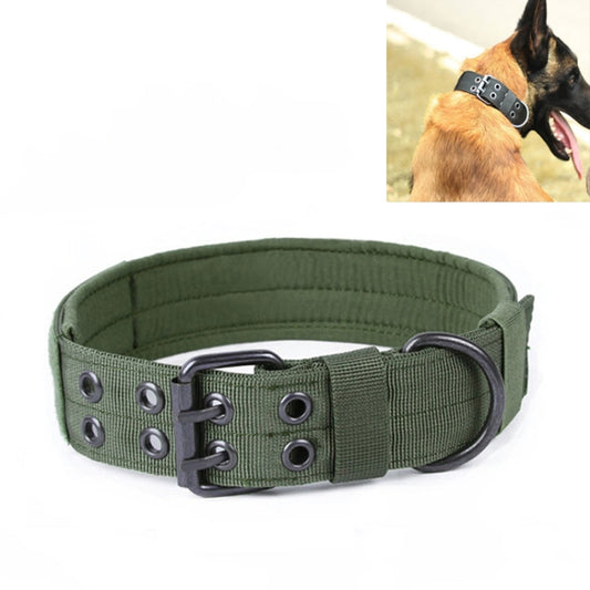 Adjustable green dog collar with padded fabric, metal buckle and adjustment holes