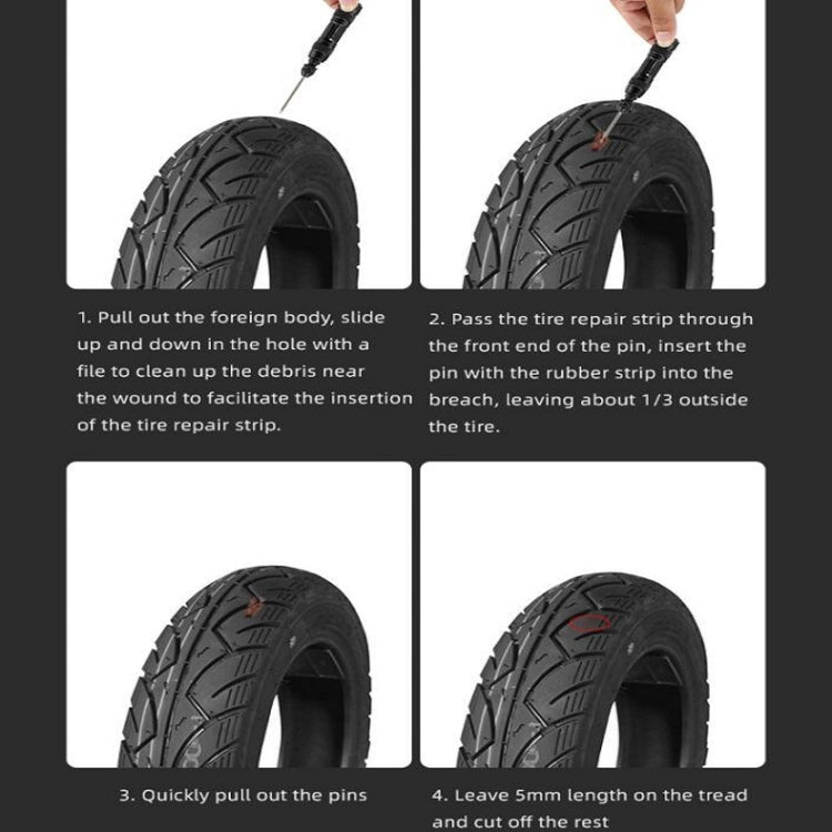 Tubeless tire repair tool installing repair strip into mountain bike tire tread