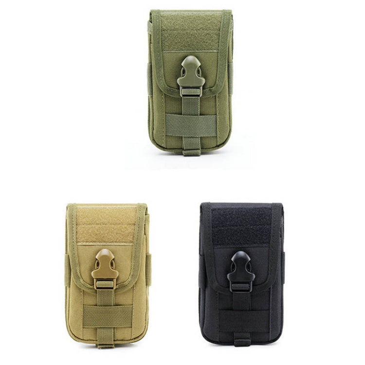 Three waist phone pouches in green, tan, and black with front flap buckle closures
