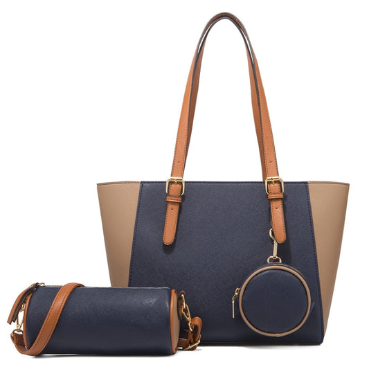 3-in-1 women's tote handbag in navy with tan handles plus matching crossbody pouch