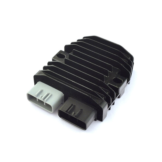 Black motorcycle rectifier/regulator with heat-sink fins and gray wiring connectors