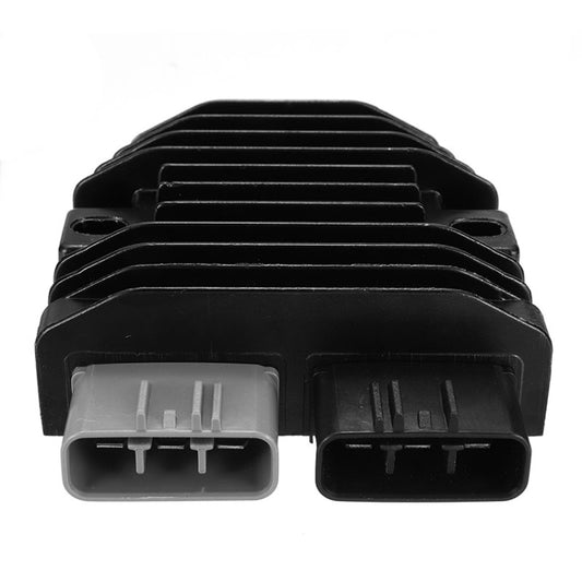 Front view of black rectifier/regulator with two multi-pin connector housings