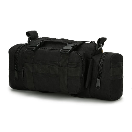 Black waterproof waist bag with top handle, webbing straps, and multiple zipper pockets