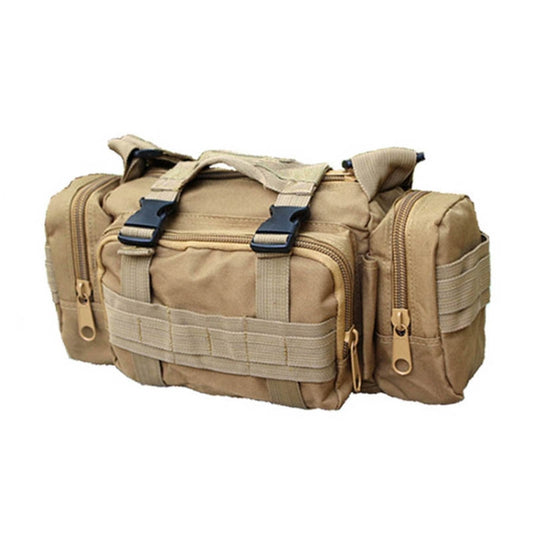 Brown waterproof waist bag with top handle, webbing straps, and multiple zipper pockets