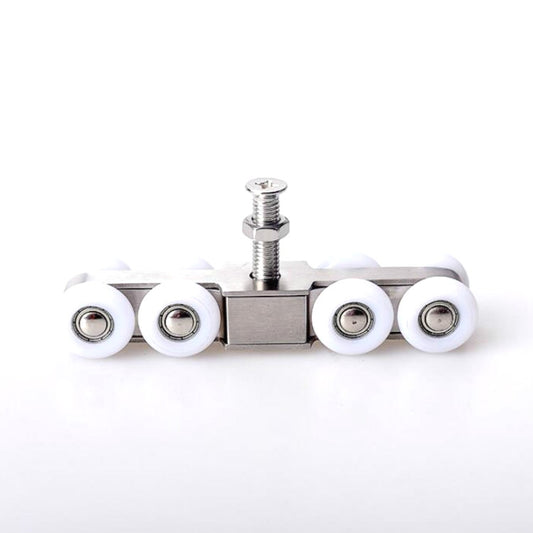 Sliding door hanging pulley set with four white nylon rollers and a central mounting screw