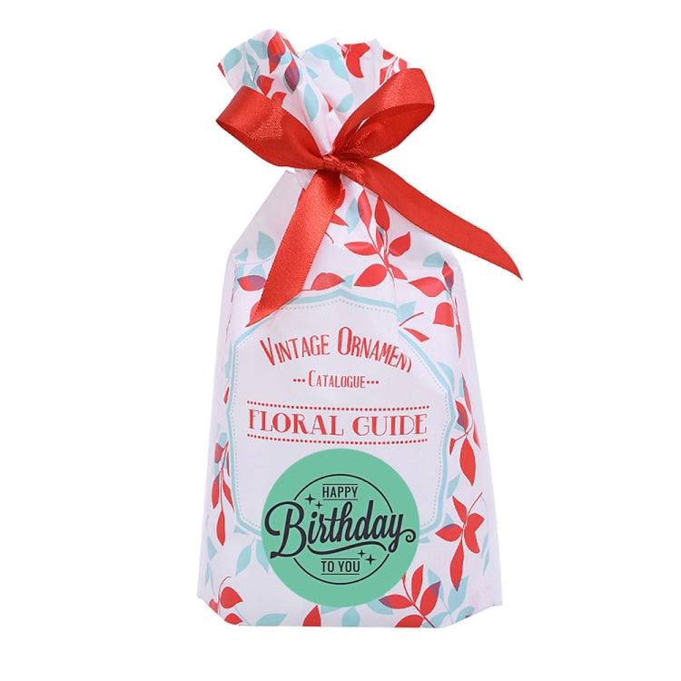 Bagged birthday sticker set with red ribbon and teal "Happy Birthday to you" label