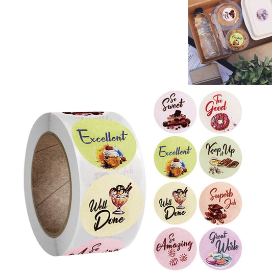 Roll of round children reward stickers with messages like Excellent and Well Done