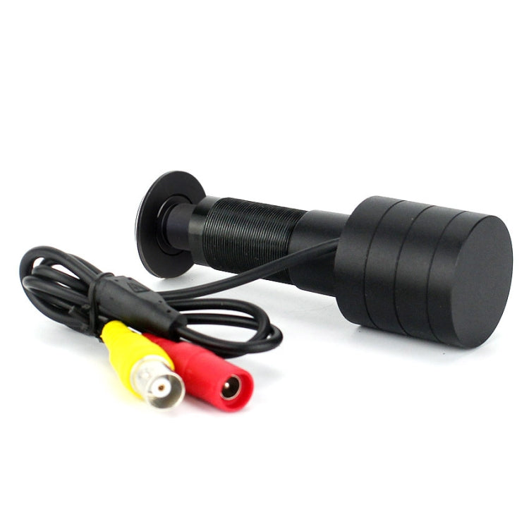 Black door viewer camera with mounted bracket and AV RCA cable with red and yellow plugs