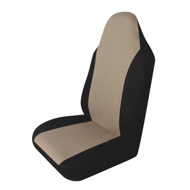 Universal car seat cover, beige center with black sides for headrest and cushion