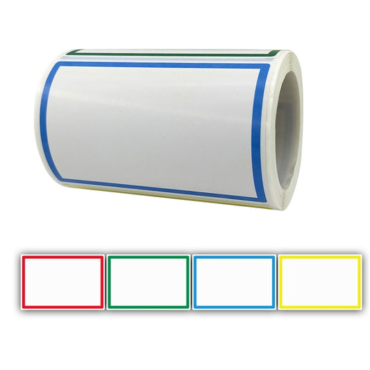 Name label sticker roll with blue border blank label strip, rounded corners