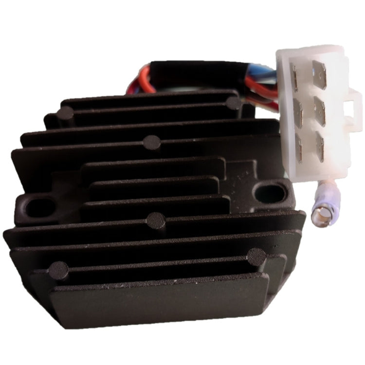 Black motorcycle rectifier/regulator with heat sink fins and terminal plate, multicolor wires.