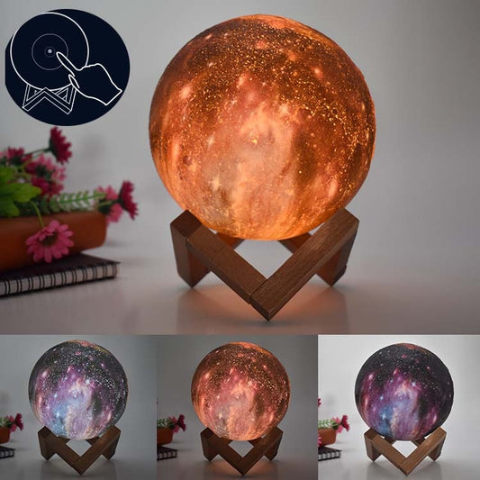 Orange starry moon table lamp with wooden V stand and painted glowing globe