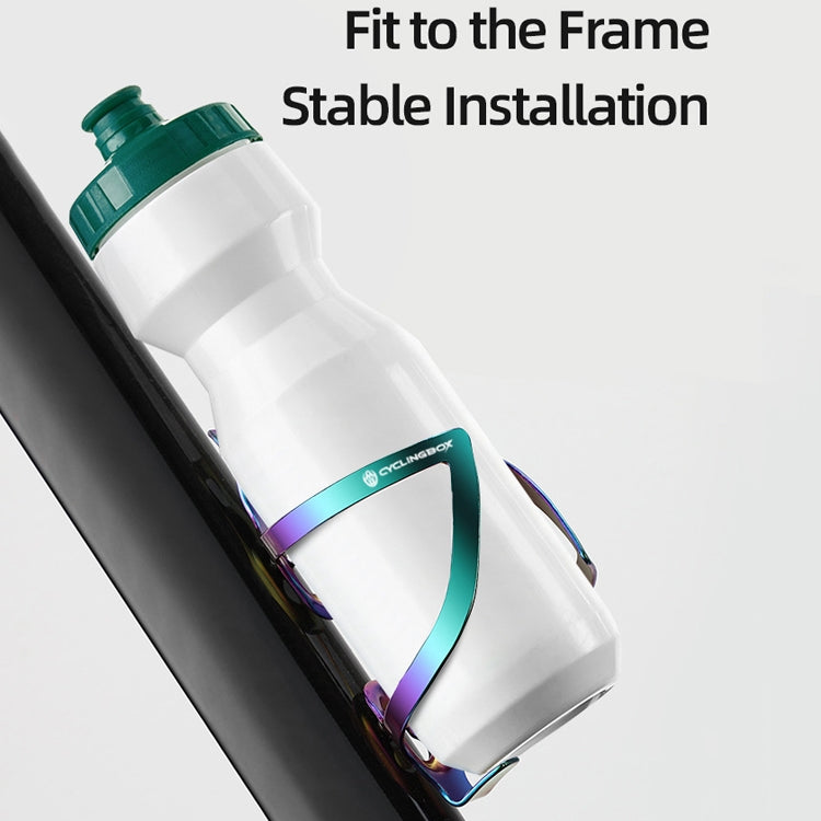Bicycle bottle cage holding a white water bottle on the bike frame