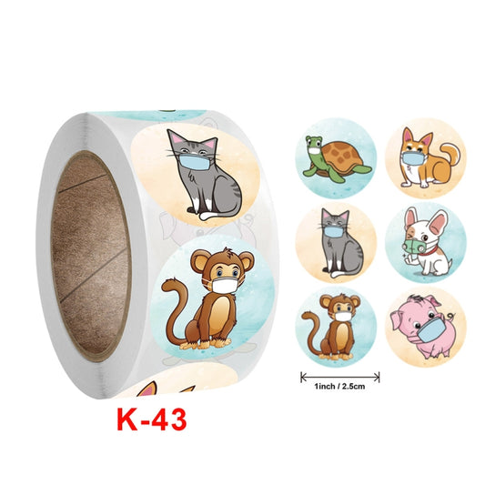 Reward sticker roll with K-43 cute cats and animals, plus small size guide