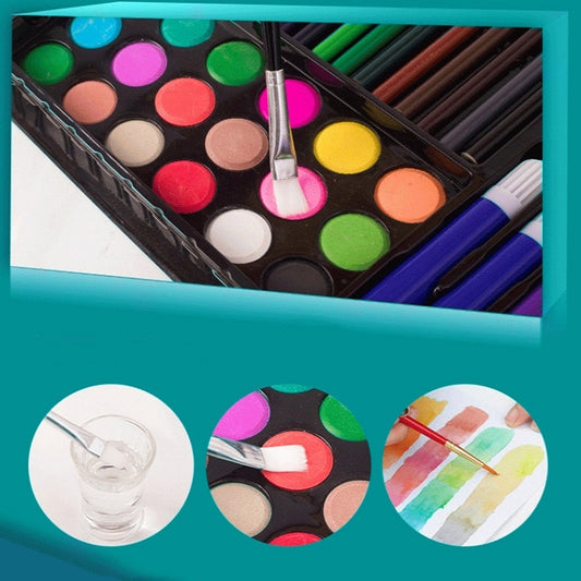 Black tray filled with round colored paint pans and a paint brush