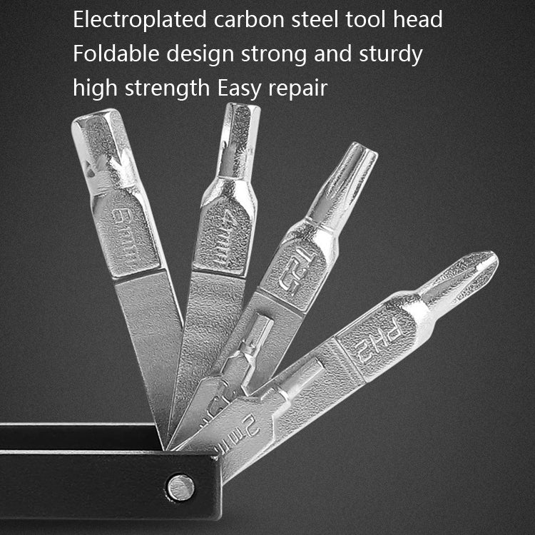 Foldable silver multi-tool wrenches with 20-in-1 tool tips on black holder