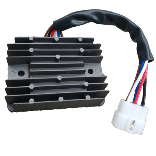 Black finned voltage regulator rectifier with wire harness and white plug connector