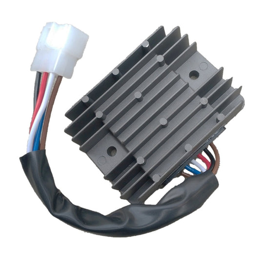 Grey finned voltage regulator rectifier with wire harness and white plastic connector