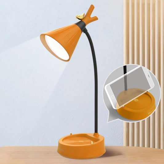 Orange bird LED touch table lamp with USB base and built-in phone holder